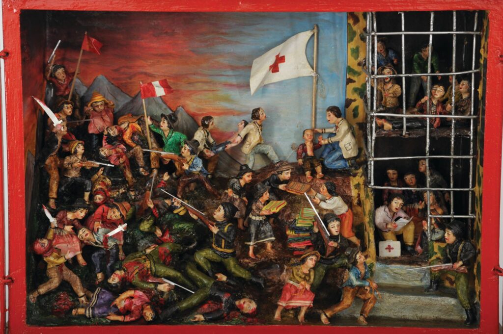 La imagen utilizada es una fotografía del retablo realizado por el artista Edilberto Jiménez inspirado en la masacre del 15 de diciembre de 2022 en Ayacucho. Fuente: https://huamangazo.pe/15-de-diciembre-el-documental-el-retablo-de-mi-protesta-se-estrena-en-ayacucho/
